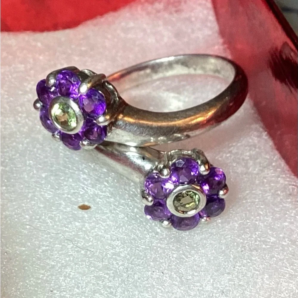 925 silver double flower Ring from Thailand💜💚vintage 70s